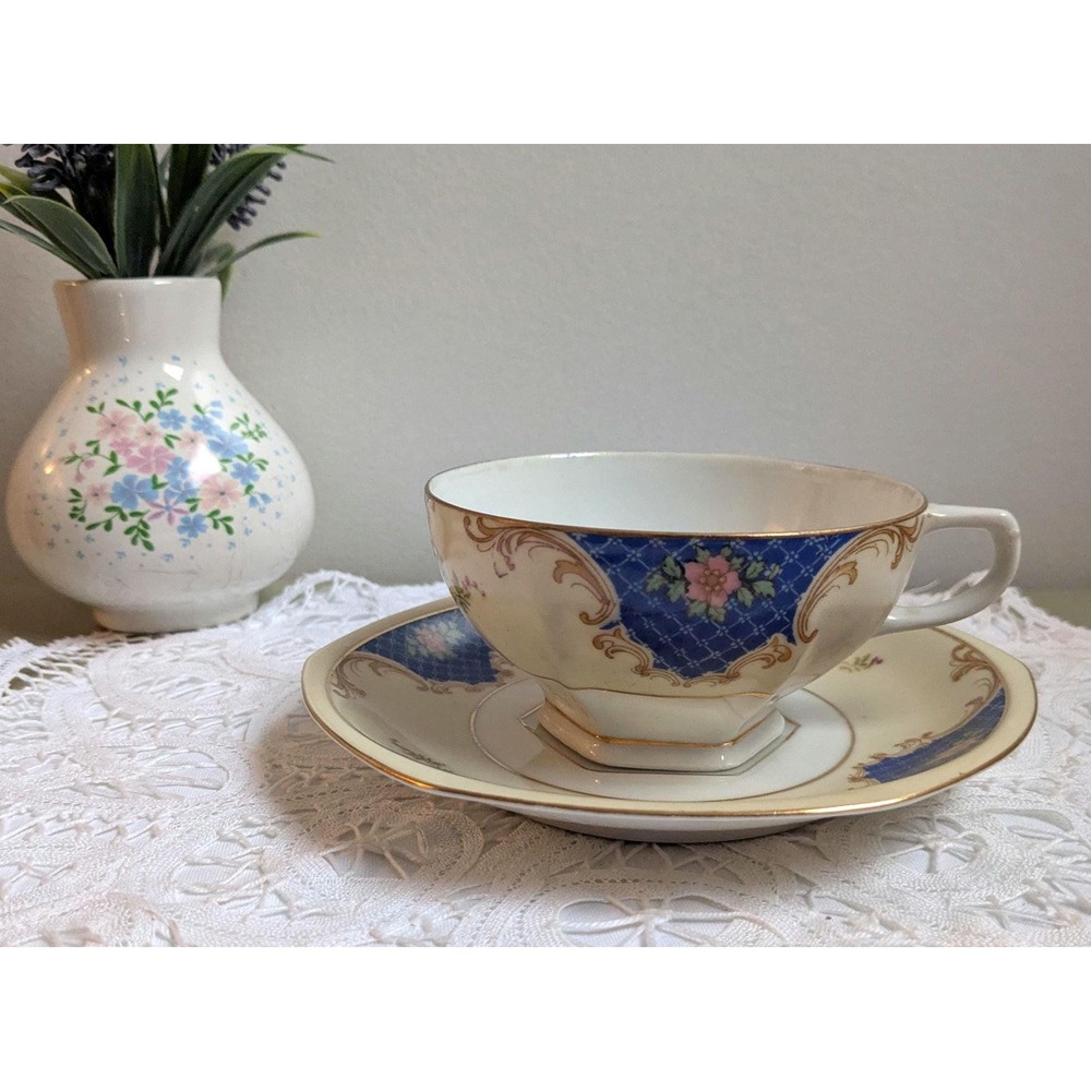 Vintage Czechoslovakia Teacup and Saucer Blue Gold Floral Porcelain Tea Cup